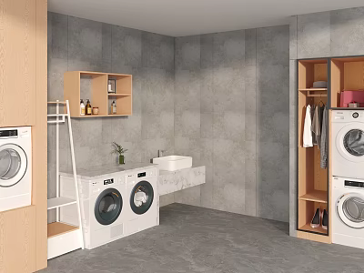 Modern Laundry Room with Washing Machine Dryer Sink Gray Walls and Wooden Cabinets 3d model