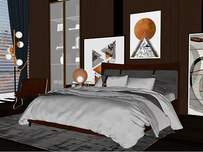 Modern Double Bed With Wooden Frame In Stylish Bedroom Featuring Decorative Paintings And Soft Bedding 3d model