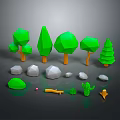 3D Low Poly Green Plants and Trees with Rocks and Small Elements 3d model