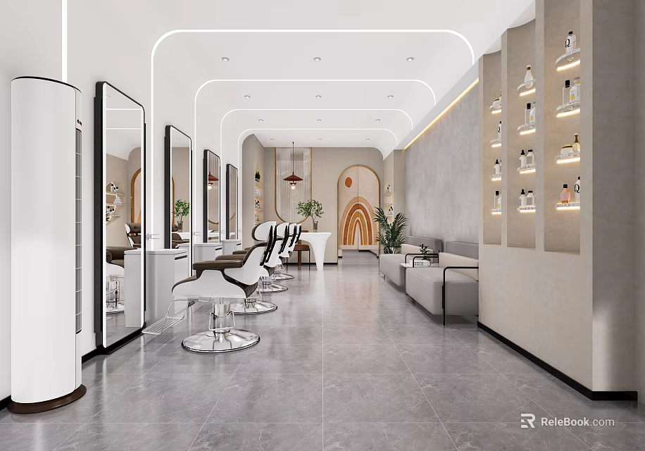 Modern Beauty Hair Salon Interior With White Styling Chairs Mirrors Product Shelves And Sofa Seating 3d model 