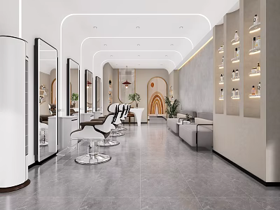 Modern Beauty Hair Salon Interior With White Styling Chairs Mirrors Product Shelves And Sofa Seating 3d model