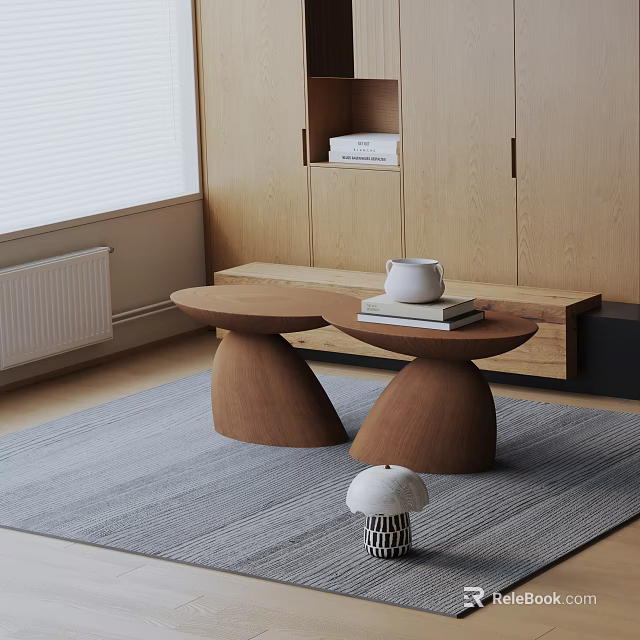 Brown Curved Wooden Stools Placed On Gray Rug With Wooden Cabinet And Window 3d model 
