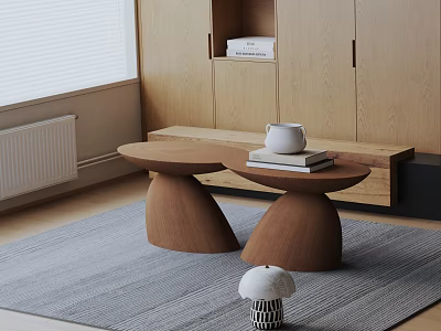 Brown Curved Wooden Stools Placed On Gray Rug With Wooden Cabinet And Window 3d model