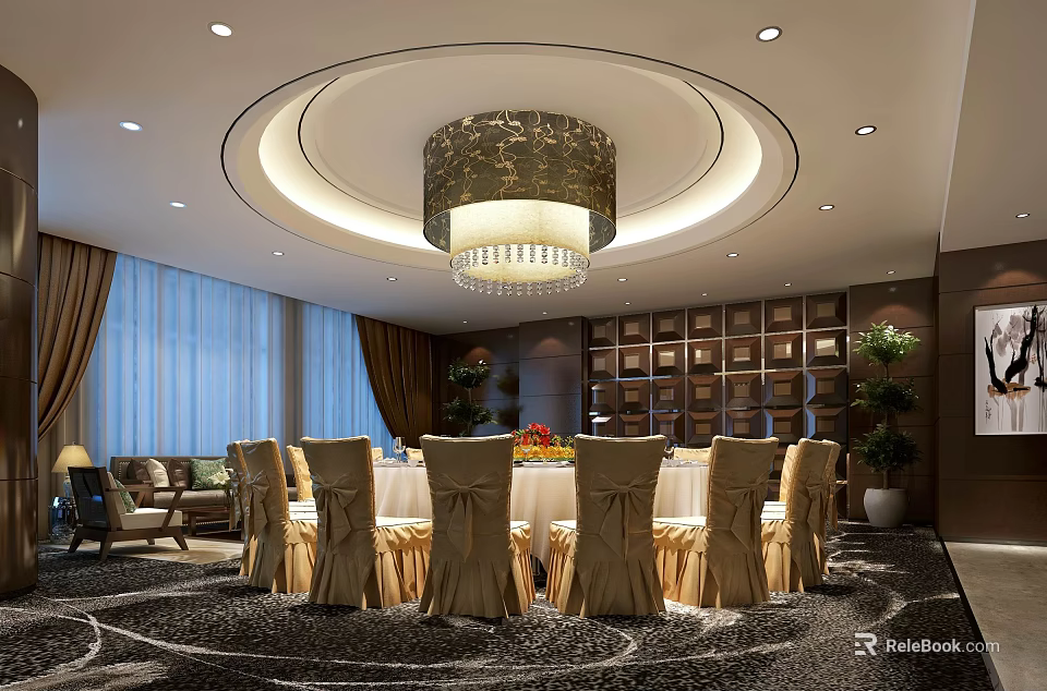 Luxurious Private Dining Room With Round Table Upholstered Chairs Chandelier Bookshelves Sofa And Window Curtains 3d model 
