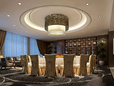 Luxurious Private Dining Room With Round Table Upholstered Chairs Chandelier Bookshelves Sofa And Window Curtains 3d model