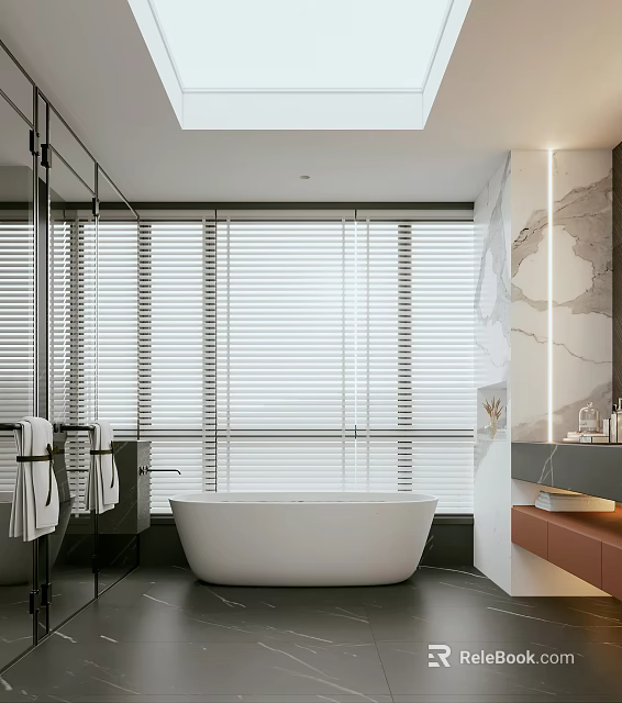 Modern Bathroom Interior with Freestanding Bathtub Venetian Blinds Marble Walls and Vanity 3d model 