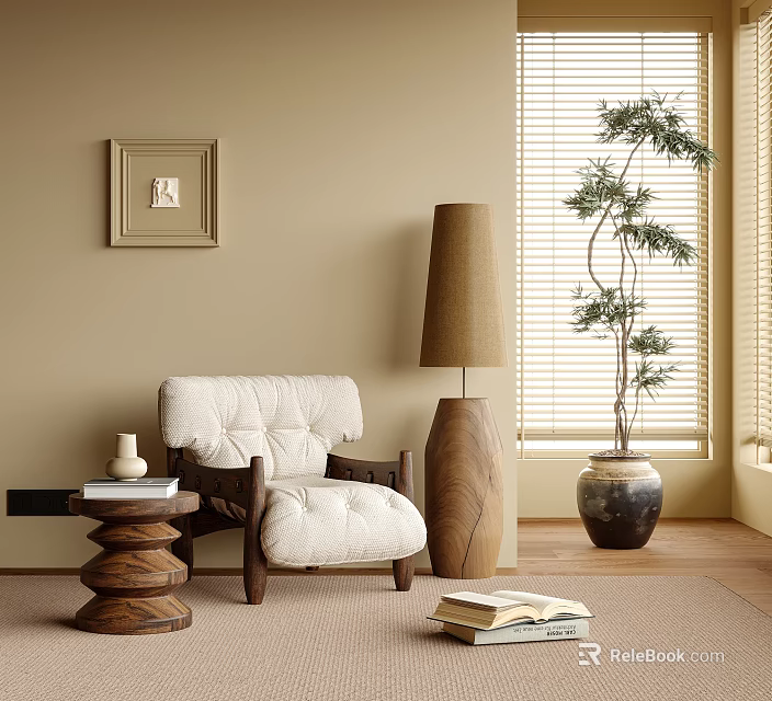 Lounge Chair with Padded Seat Wooden Frame Side Table and Floor Lamp Near Potted Plant 3d model 