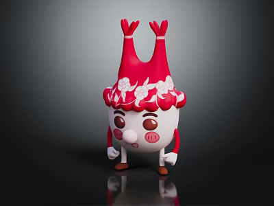 Cute Anthropomorphic Cartoon Character with Red Floral Headpiece White Body and Pink Cheeks 3d model