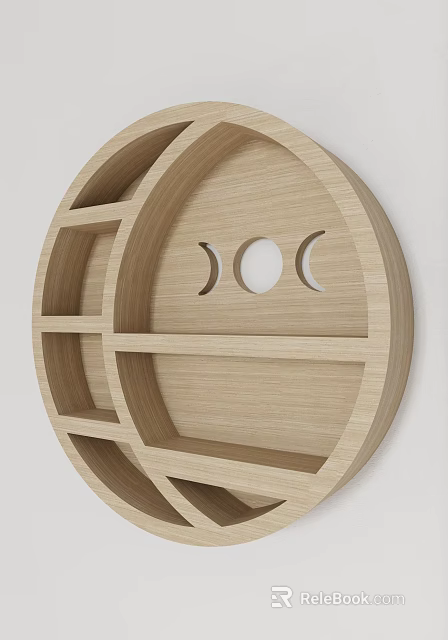 Wooden Circular Wall Mounted Storage Shelf With Moon And Circle Cutouts And Compartments 3d model 