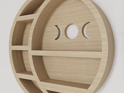 Wooden Circular Wall Mounted Storage Shelf With Moon And Circle Cutouts And Compartments 3d model
