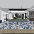 Elegant Billiard Room Interior With Green Table Overhead Lighting Blue Carpet Cue Rack And Plant