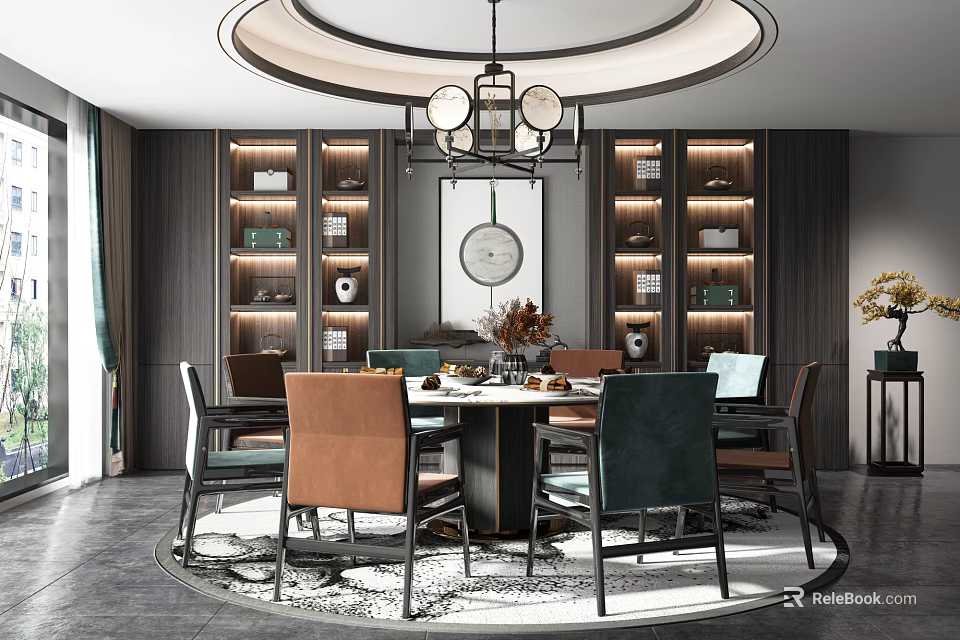 Modern Round Dining Table Set With Colored Chairs Illuminated Shelves Pendant Light And Clock 3d model