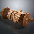 Vintage Wooden Reel Wound With Natural Rope And Rustic Textured Surface