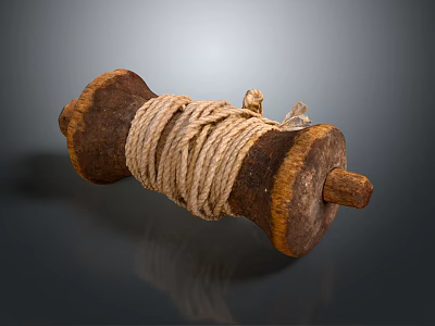 Vintage Wooden Reel Wound With Natural Rope And Rustic Textured Surface 3d model
