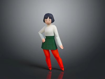 Woman with black short hair wearing white top green skirt red tights and black shoes 3d model