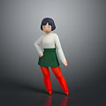 Woman with black short hair wearing white top green skirt red tights and black shoes