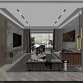 Modern Elegant Living Dining Room With Open Concept Marble Floor Beige Walls White Cabinets And Sofa