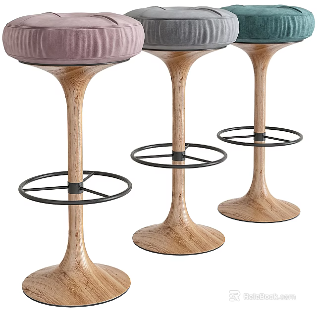 Modern Wooden Bar Stools with Metal Footrests and Colored Upholstered Seats in Pink and Grey 3d model 