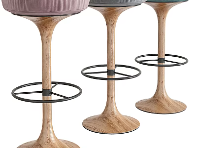 Modern Wooden Bar Stools with Metal Footrests and Colored Upholstered Seats in Pink and Grey 3d model