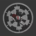 Armored Soldier Figure In Red And White Armor Holding Rifle On Circular Base With Emblem