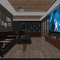 KTV Lounge With Brown Sofas Large Screen TV Wine Cabinet And Wooden Ceiling