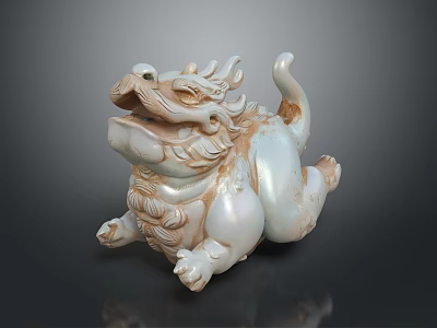 Traditional Jade Mythical Beast Carving With White And Brown Details In Crouching Posture 3d model