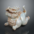 Traditional Jade Mythical Beast Carving With White And Brown Details In Crouching Posture