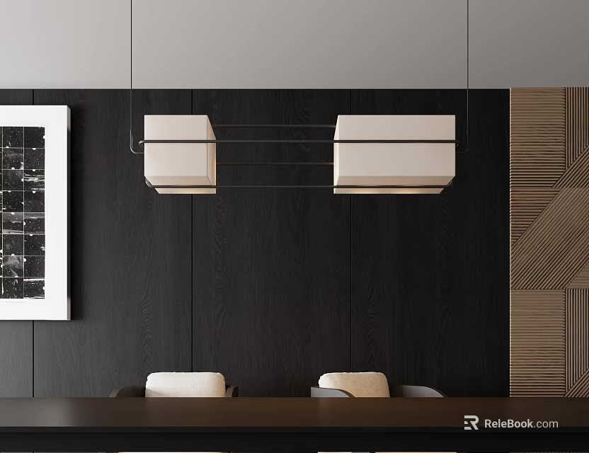 Modern Interior Dining Area With Two White Square Pendant Lights Above Table 3d model