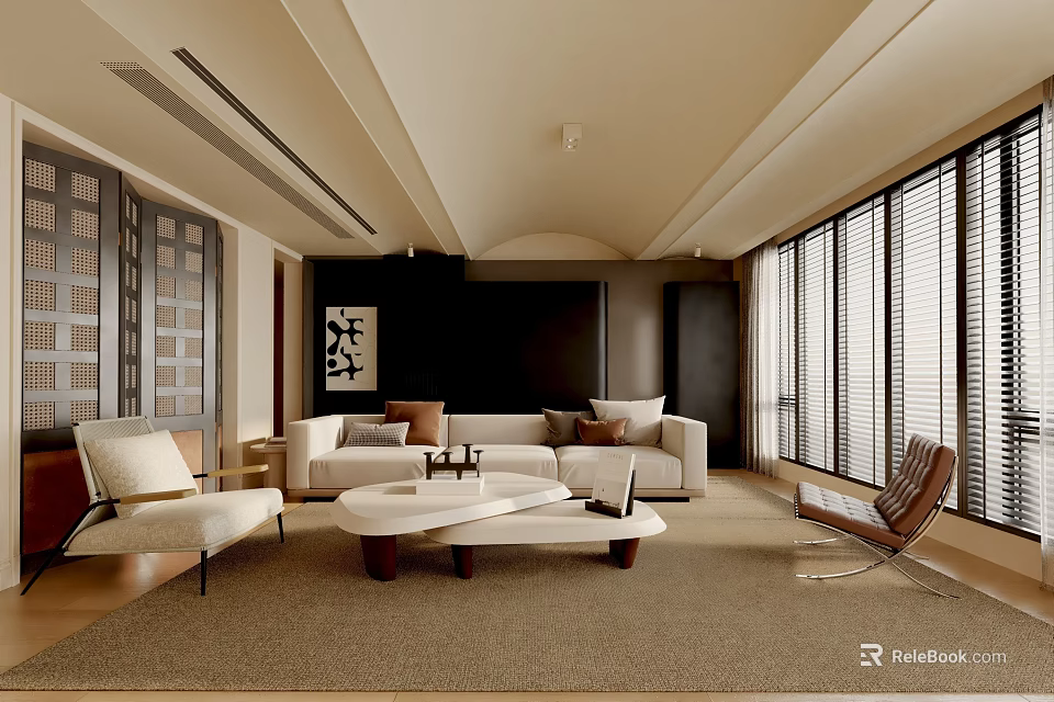 Modern Living Room Interior Design With Sofa Coffee Table Chairs And Windows 3d model 