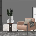 Modern Peach Armchair With Side Table Vase Greenery And Abstract Line Art On Gray Wall