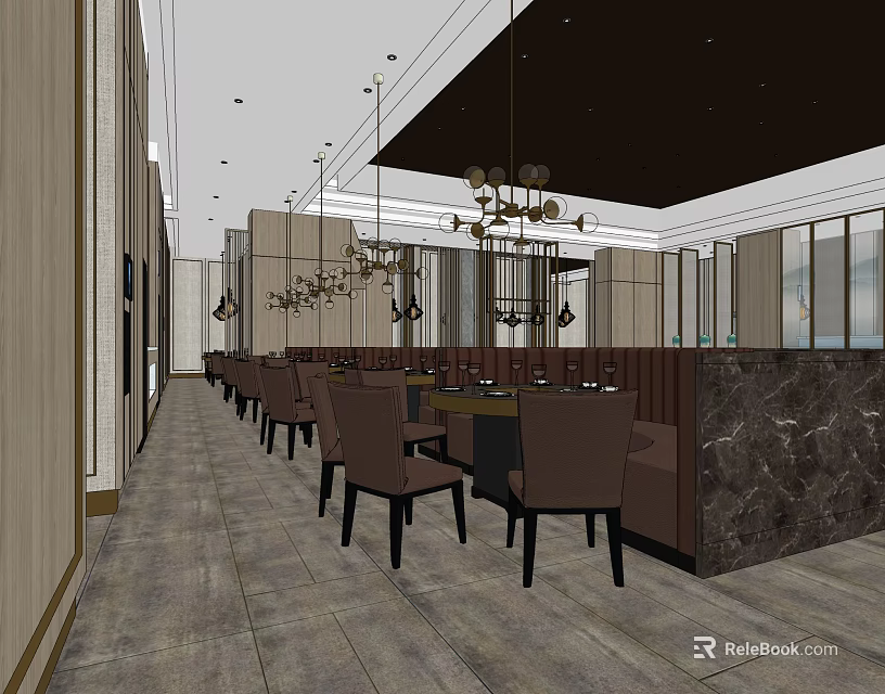 Hotpot Restaurant Interior with Long Layout Brown Chairs Tables Chandeliers Wooden Walls and Marble Partitions 3d model 