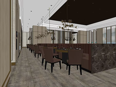 Hotpot Restaurant Interior with Long Layout Brown Chairs Tables Chandeliers Wooden Walls and Marble Partitions 3d model