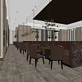 Hotpot Restaurant Interior with Long Layout Brown Chairs Tables Chandeliers Wooden Walls and Marble Partitions