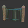Blue Wrought Iron Gate With Stone Pillars On Both Sides