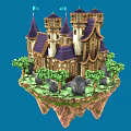 Cartoon Castle On Floating Island With Purple Spires Green Trees And Stone Ground