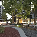 Modern Garden Landscape With Large Trees Outdoor Seating Stone Pathway And Nearby Buildings