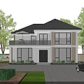Stylish Two Story Detached Villa Exterior With Dark Roof Large Windows Balcony And Greenery