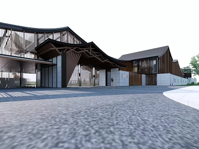 Modern Boutique Guesthouse Architecture With Curved Wooden Roof Glass Facade And Stone Paved Courtyard 3d model