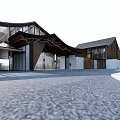 Modern Boutique Guesthouse Architecture With Curved Wooden Roof Glass Facade And Stone Paved Courtyard