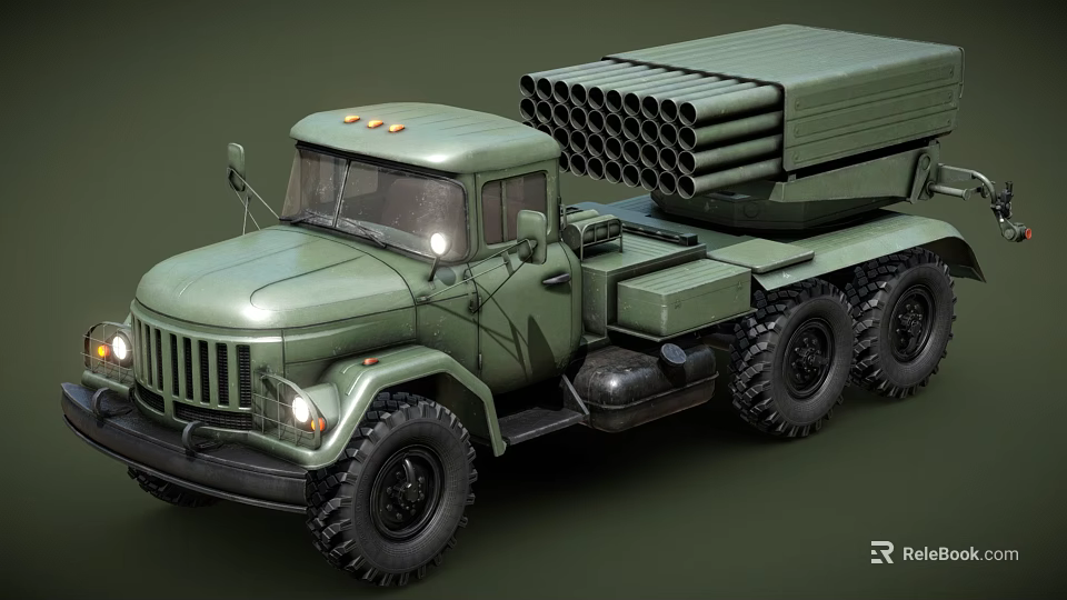 Green Military Truck With Multiple Rocket Launchers And Off Road Wheels 3d model 