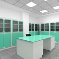 Modern Laboratory Interior With Green Cabinets White Countertop Workbench Chair and Windows