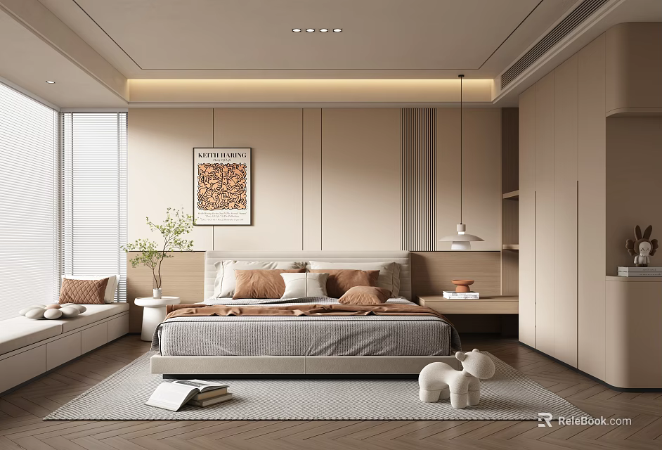 Modern Minimalist Bedroom Decor with Large Bed Decorative Painting Pendant Lamp Rug and Window Seat 3d model 