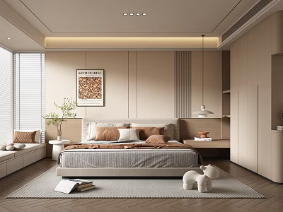 Modern Minimalist Bedroom Decor with Large Bed Decorative Painting Pendant Lamp Rug and Window Seat 3d model