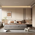 Modern Minimalist Bedroom Decor with Large Bed Decorative Painting Pendant Lamp Rug and Window Seat