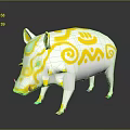 White Wild Boar 3D Model With Yellow Green Swirl Patterns On Body