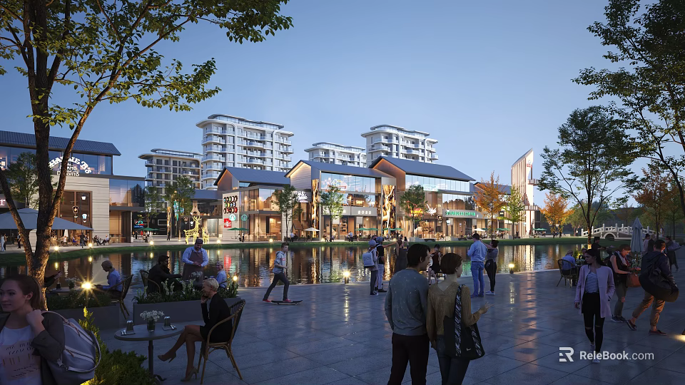 Vibrant Scenic Commercial Street With Modern Traditional Buildings Pedestrians Waterfront And Trees 3d model 