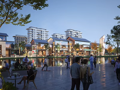 Vibrant Scenic Commercial Street With Modern Traditional Buildings Pedestrians Waterfront And Trees 3d model