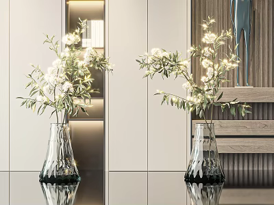 Transparent Glass Vases With White Flowers And Green Leaves In Modern Interior Decor Setup 3d model