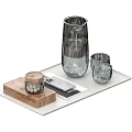 Modern Tabletop Display Of Transparent Wine Decanter And Glasses On White Tray With Wooden Box