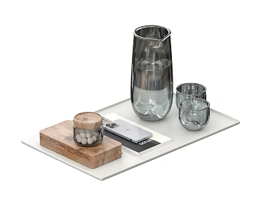 Modern Tabletop Display Of Transparent Wine Decanter And Glasses On White Tray With Wooden Box 3d model